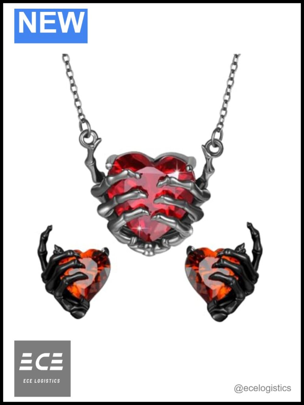 Skull Hand Jewelry Set 925 Sterling Silver Gothic Earrings Pendant Necklace